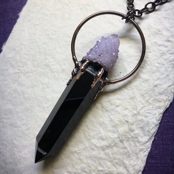 Obsidian, Spirit Amethyst Necklace in Electroformed Copper | Evening Star Amulet - Picture 5 of 12